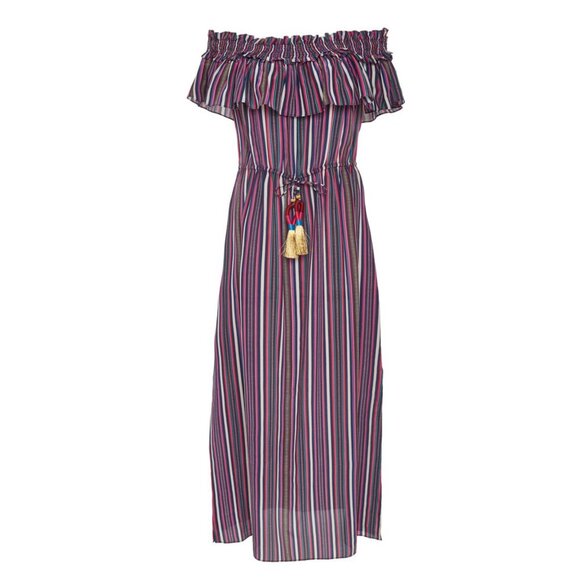 Figue Mirella Striped Midi Dress Love Stripe Maya M medium silk off shoulder - Picture 2 of 11